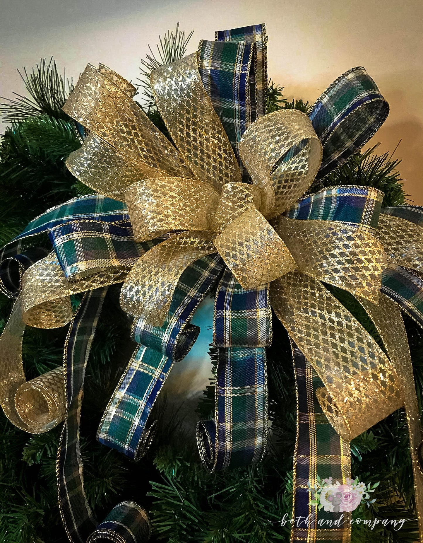 Christmas Bow Navy Blue and Gold Glitter Christmas Wreath Bow Navy and Gold Decoration