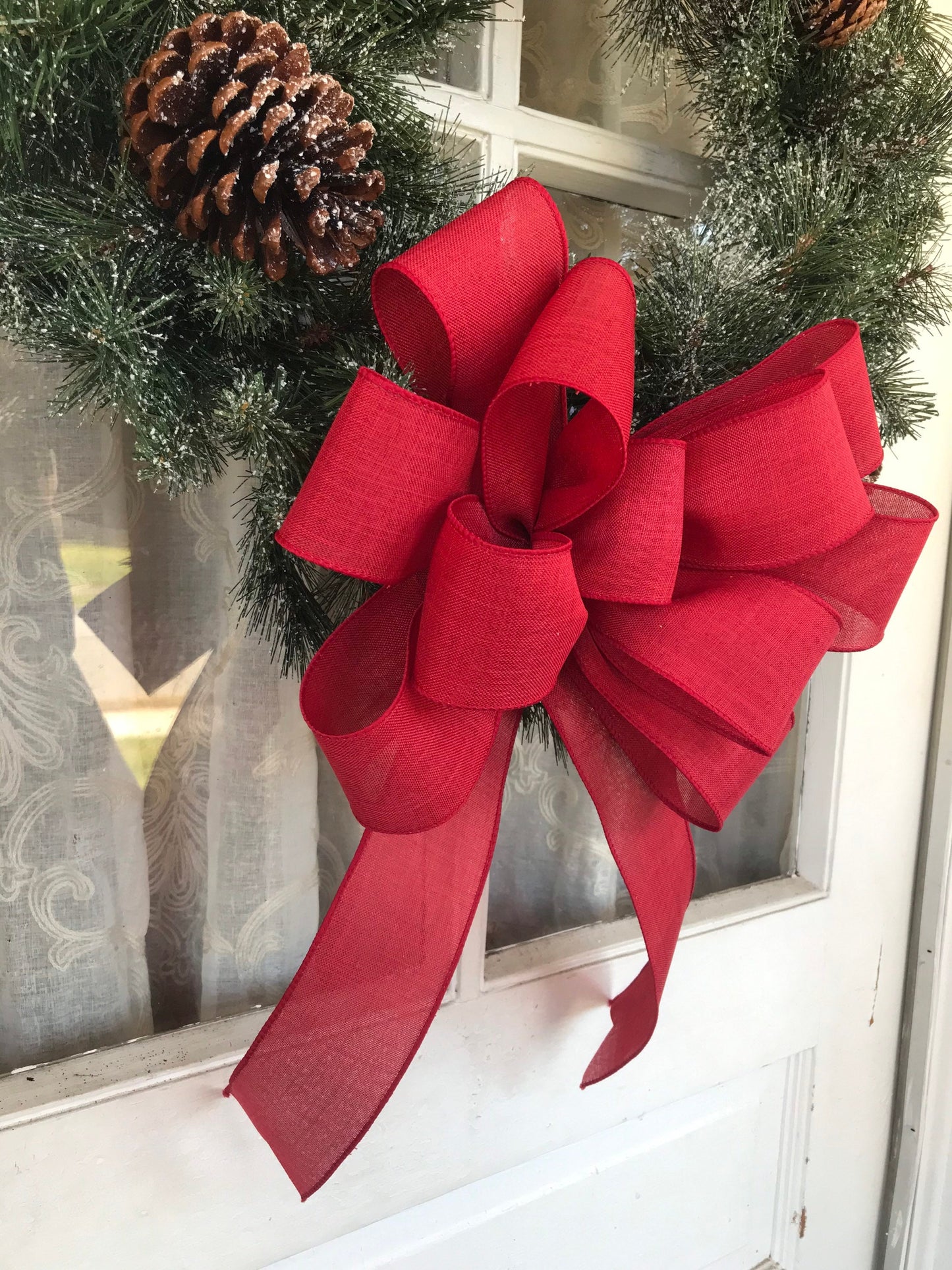 Red Valentines Day Bow Red Farmhouse wreath bow Red Linen bow Red Christmas Bow