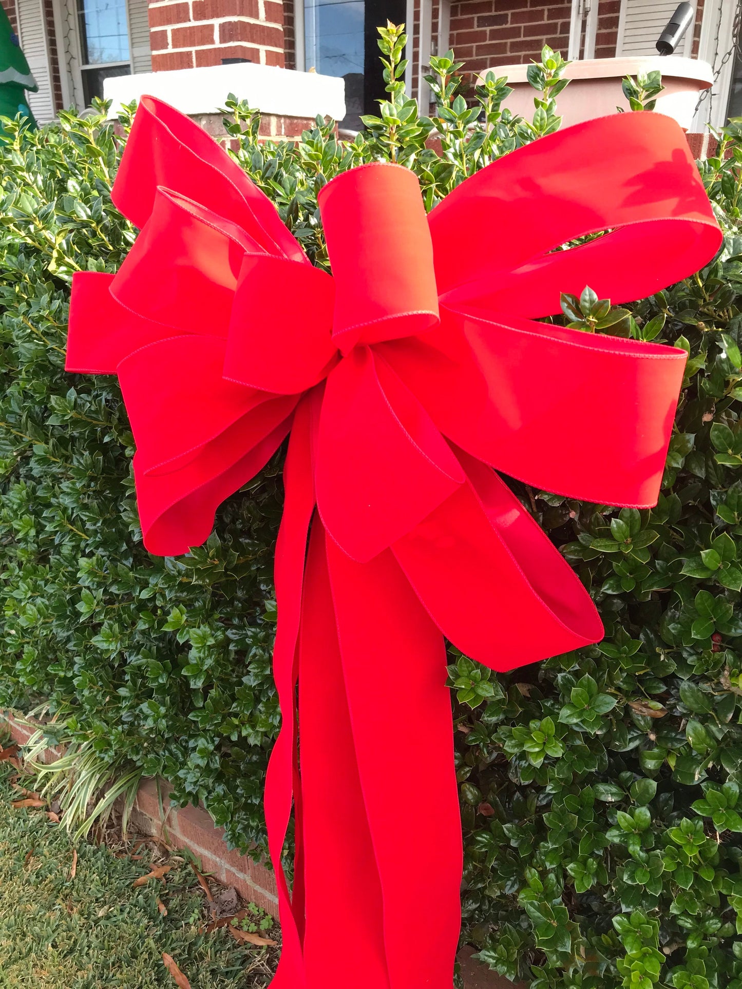 Large OUTDOOR Red Velvet Christmas Wreath Bow for 5’-6’ Wreath 4” wide ribbon Red Outside Christmas Bow