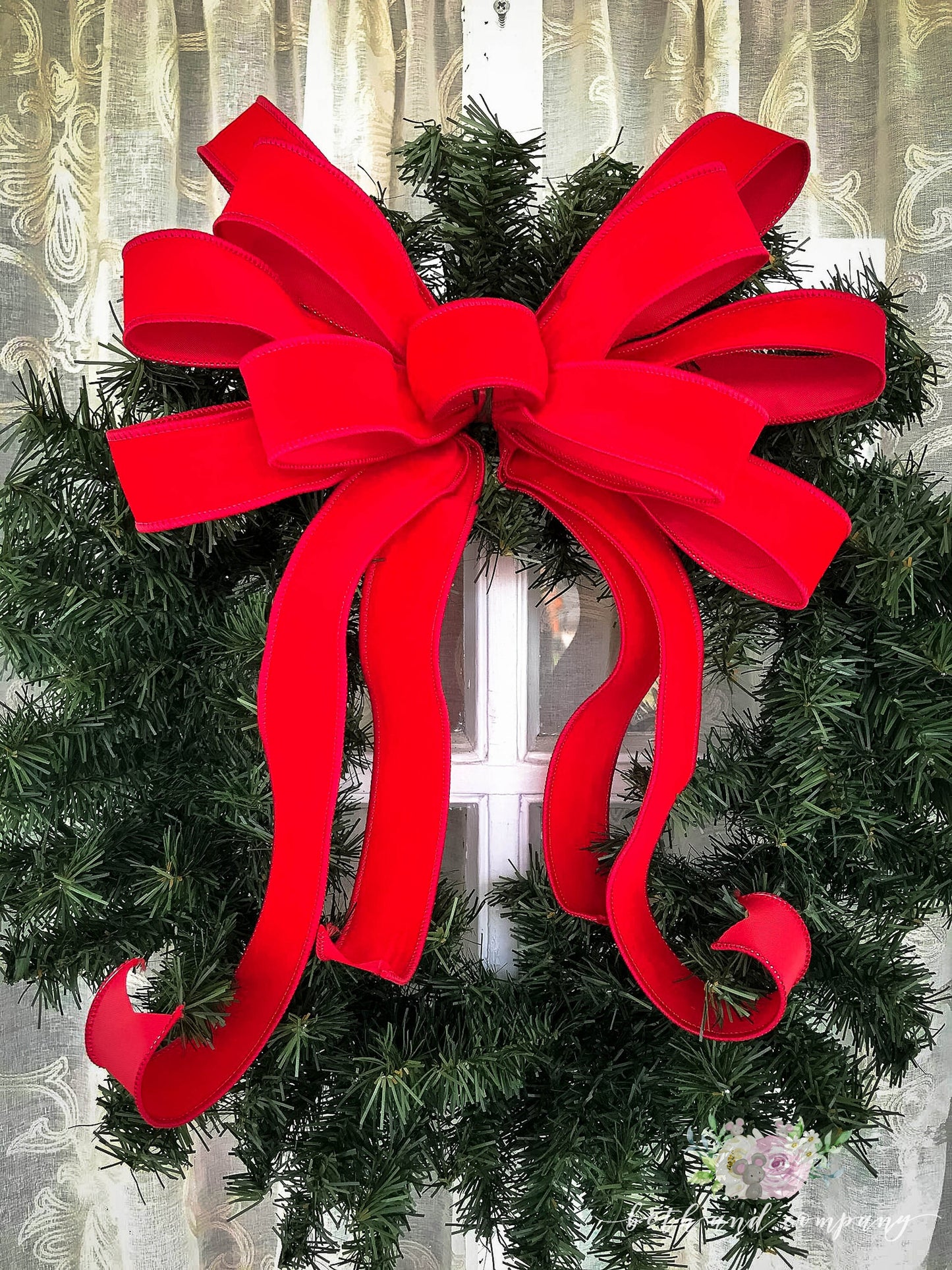 OUTDOOR Weatherproof Red Velvet Christmas wreath bow Narrow Velvet bow with plastic liner Red Outside Christmas Bows for Lamp Fence Post