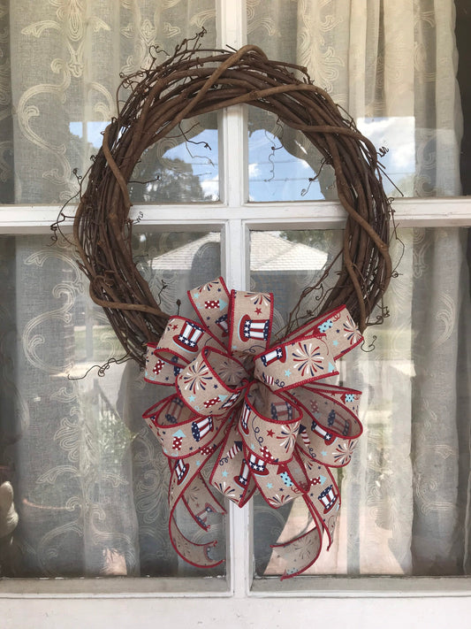 Patriotic Bow 10 Inch Round Fourth of July Bow Patriotic Hat, 1.5” width wired ribbon Flag Day Labor Day