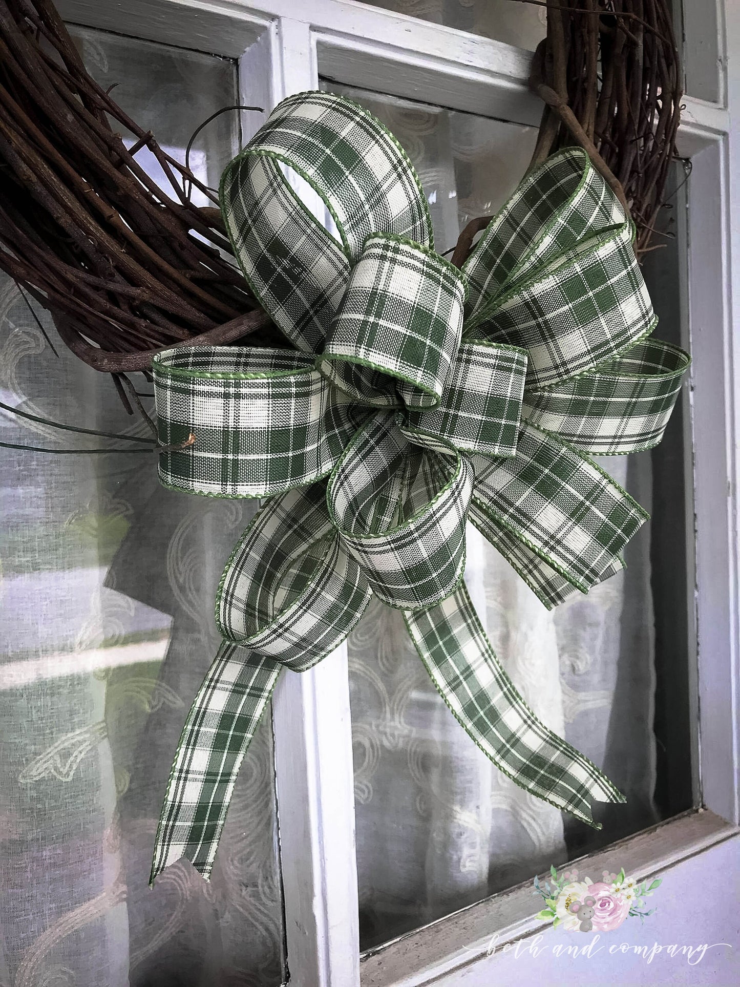 Moss Green Plaid Bow, Farmhouse Plaid Wreath Bow, Homespun Plaid