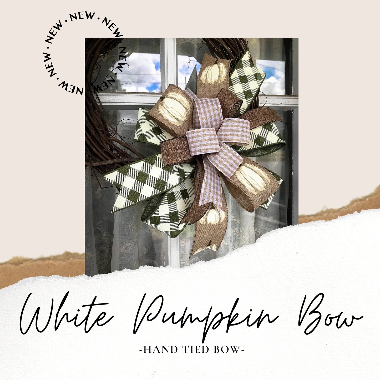 Fall Bow White Pumpkin Bow Fall Farmhouse Bow Pumpkin Wreath Bow for Front Door