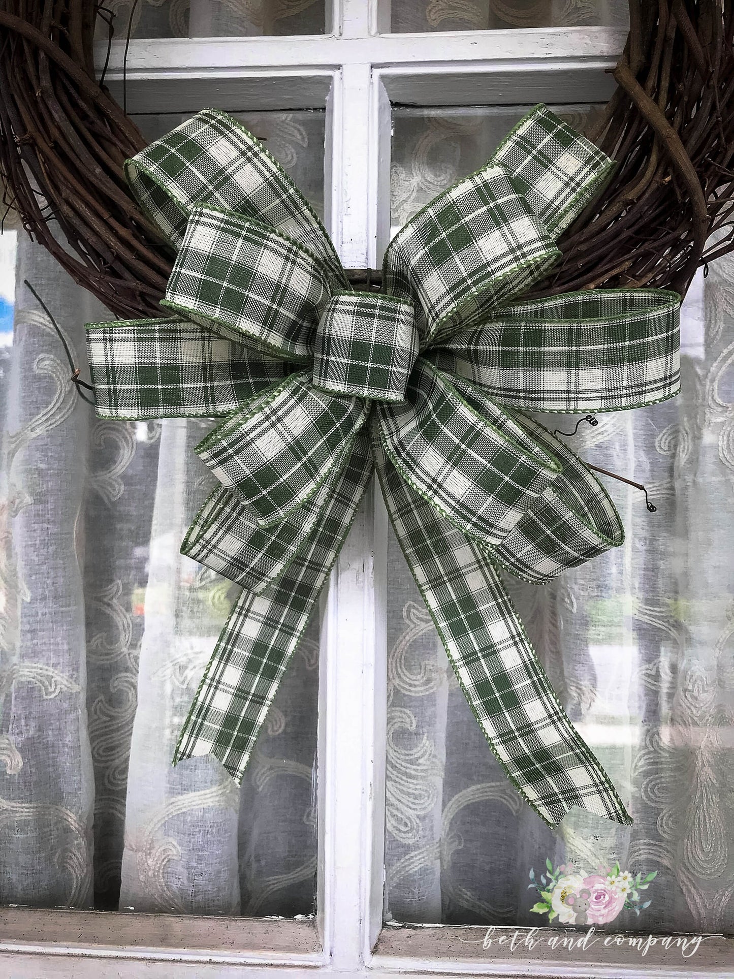 Moss Green Plaid Bow, Farmhouse Plaid Wreath Bow, Homespun Plaid