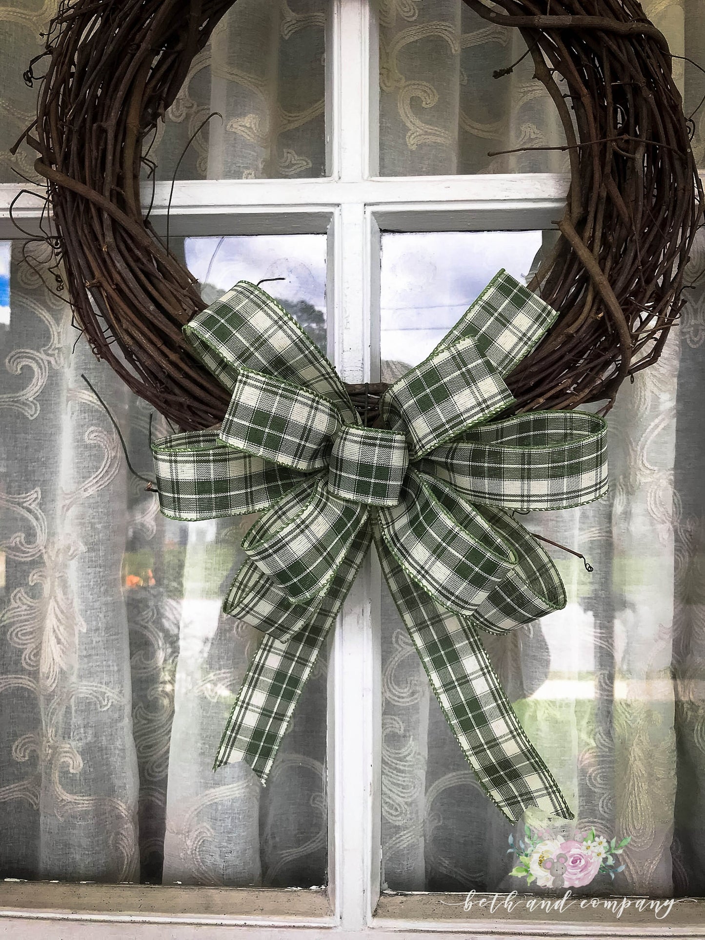 Moss Green Plaid Bow, Farmhouse Plaid Wreath Bow, Homespun Plaid