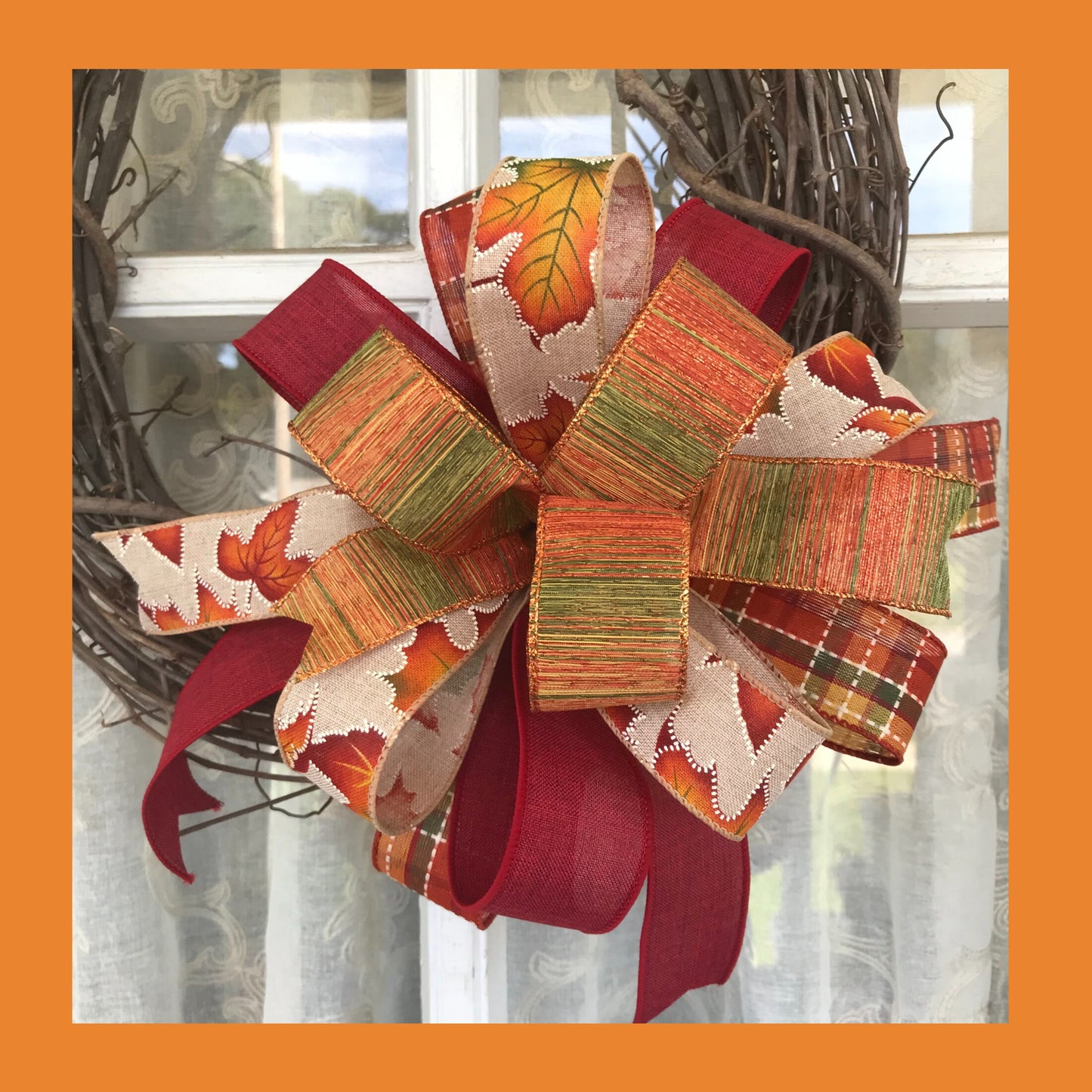Fall Bow, Fall Plaid Leaf Bow, Lantern Bow, Fall decor, 10 Inch bow