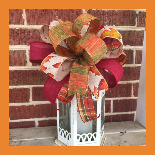 Fall Bow, Fall Plaid Leaf Bow, Lantern Bow, Fall decor, 10 Inch bow