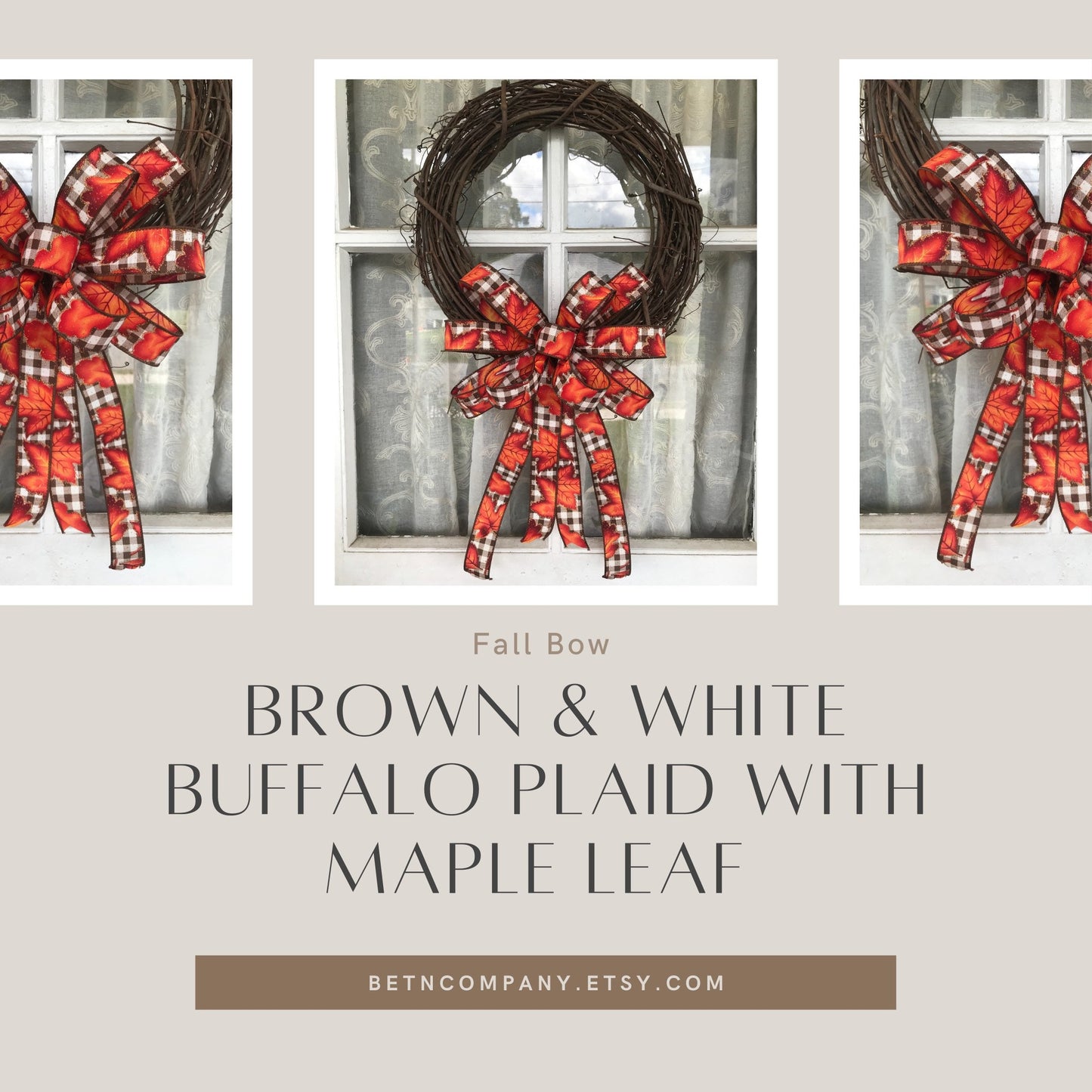 Fall Bow Brown and White Buffalo Plaid Bow with Maple Leaf Fall bow for Wreath Outdoor Bow for Fall