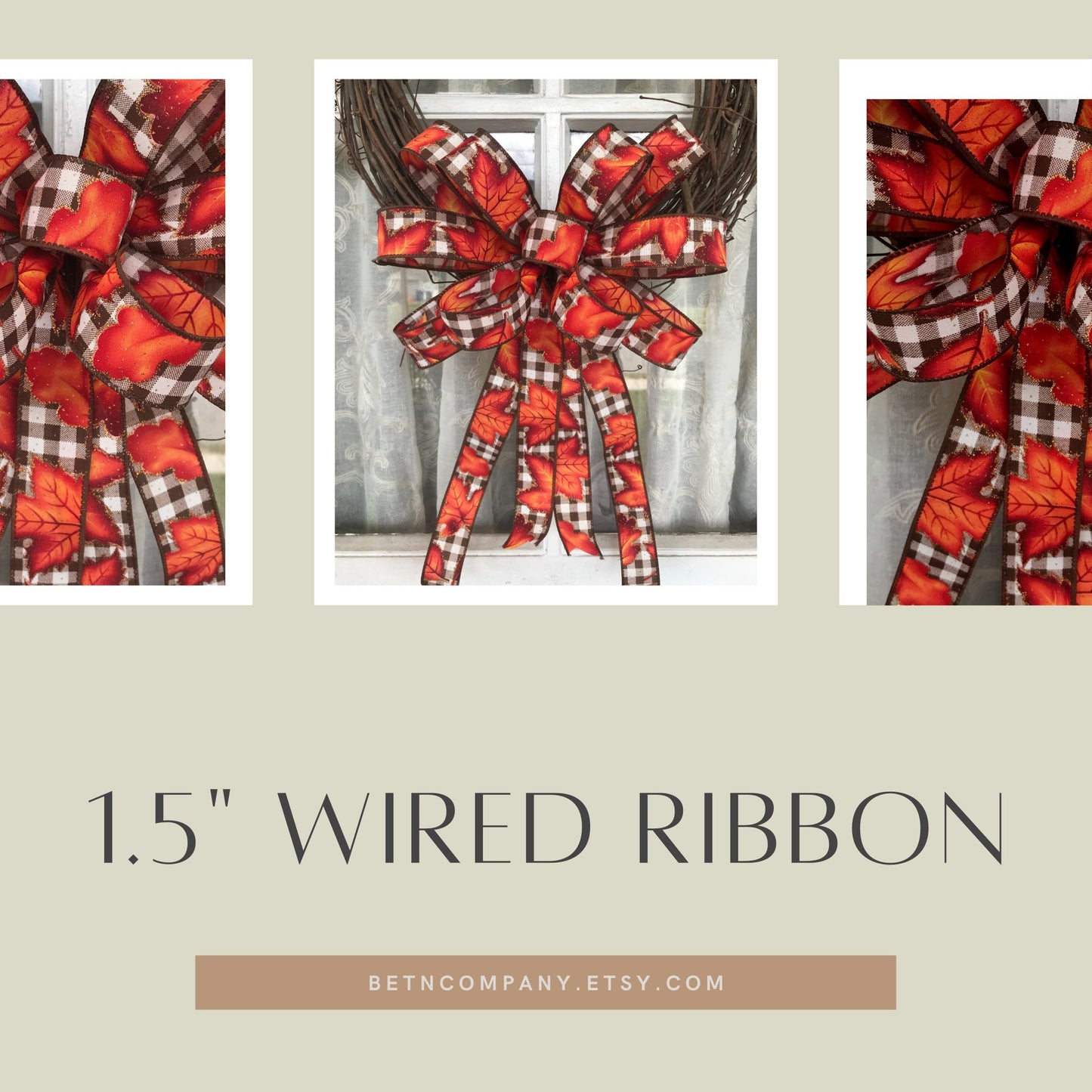 Fall Bow Brown and White Buffalo Plaid Bow with Maple Leaf Fall bow for Wreath Outdoor Bow for Fall