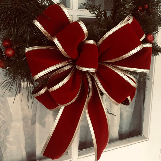 Christmas Bow Traditional Christmas Red or Scarlet Red Velvet Bow with Gold Trim Elegant Red Bow Luxury Velvet Bow