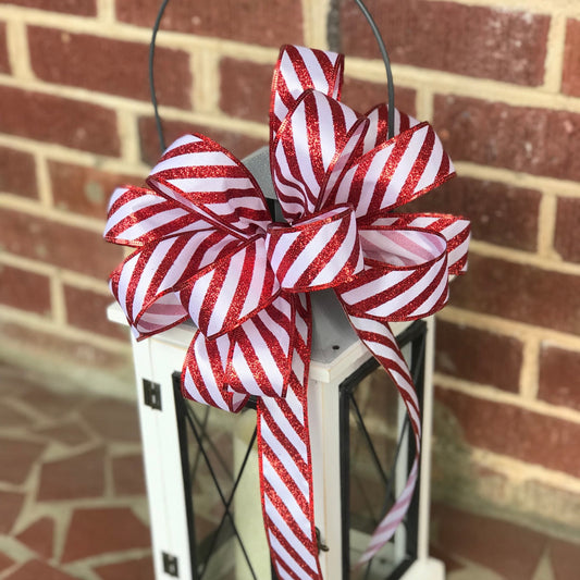 Christmas Bow, Candy Cane Bow, Red Glitter Diagonal Stripe Tree Topper