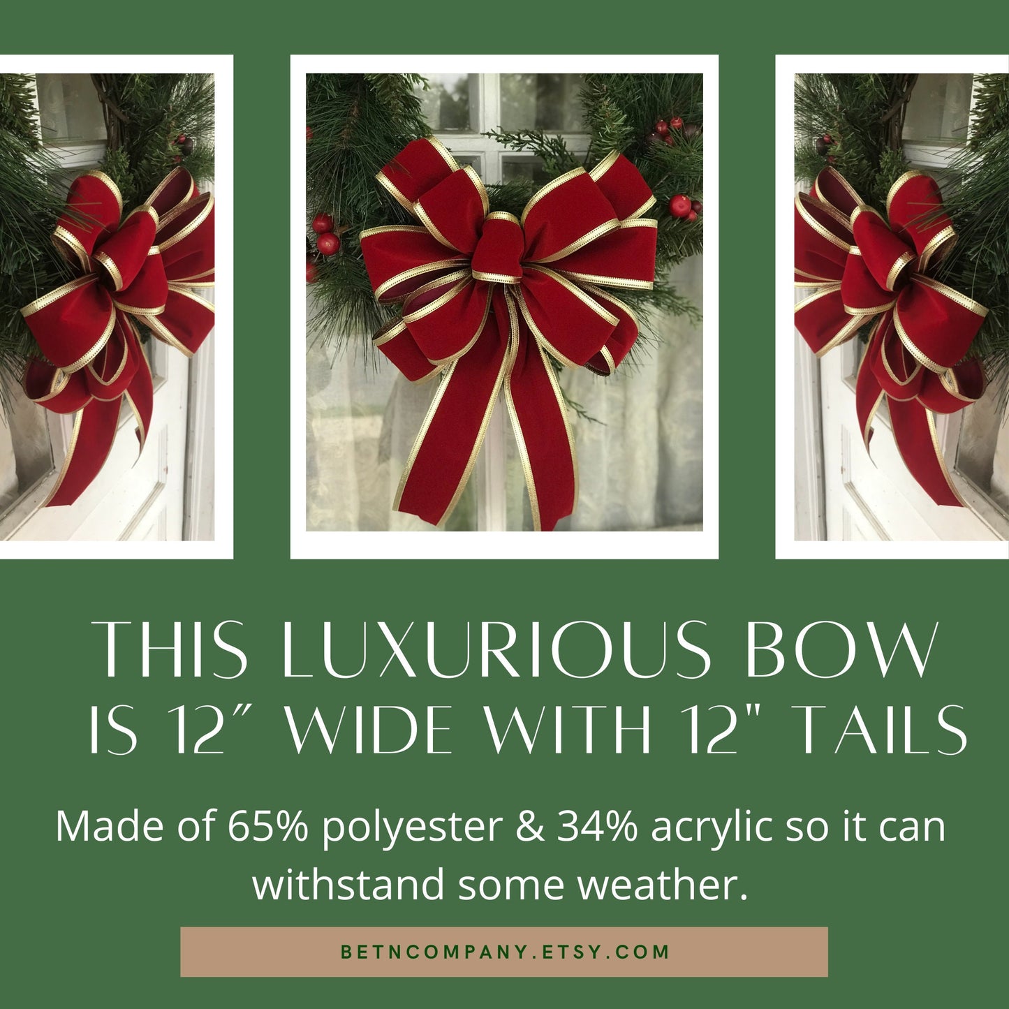 Christmas Bow Traditional Christmas Red or Scarlet Red Velvet Bow with Gold Trim Elegant Red Bow Luxury Velvet Bow