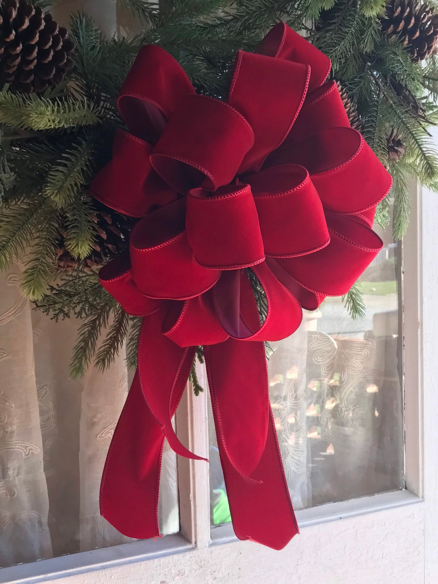 Christmas Bow OUTDOOR Scarlet Red Velvet Christmas wreath bow Weatherproof Christmas Bow 2.5" width wired ribbon Outside Christmas Bows