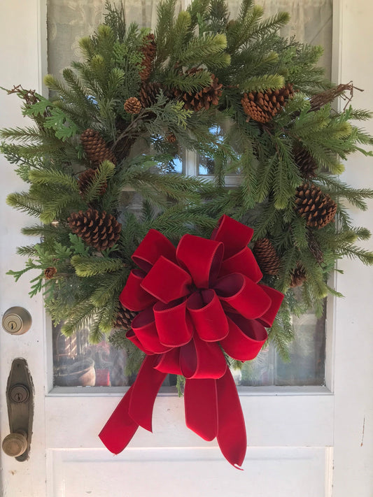 Christmas Bow OUTDOOR Scarlet Red Velvet Christmas wreath bow Weatherproof Christmas Bow 2.5" width wired ribbon Outside Christmas Bows