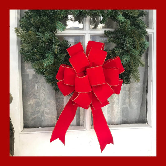 OUTDOOR Red Velvet Gold Trim Christmas Wreath Bow for Front Porch Decor Weatherproof Christmas Bow Lamp Post Decor Outside Christmas Bows