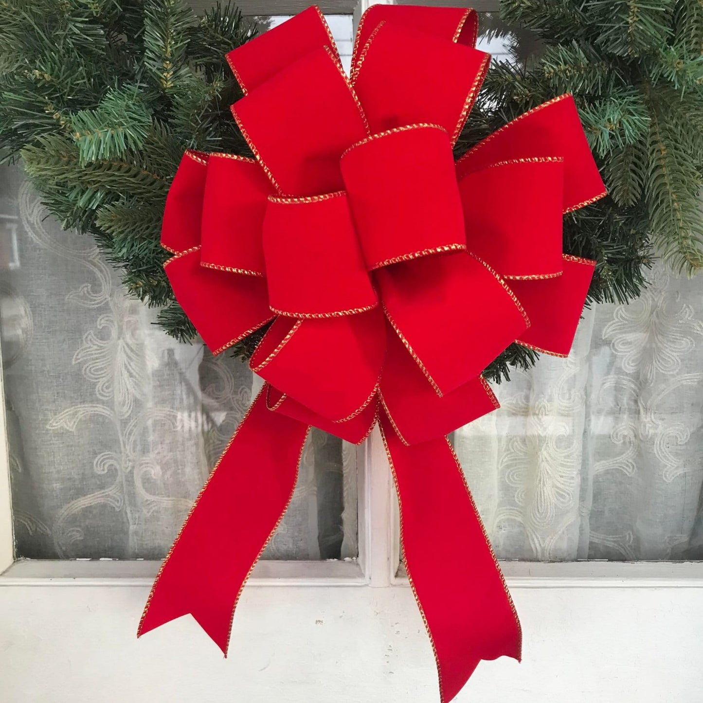 OUTDOOR Red Velvet Gold Trim Christmas Wreath Bow for Front Porch Decor Weatherproof Christmas Bow Lamp Post Decor Outside Christmas Bows