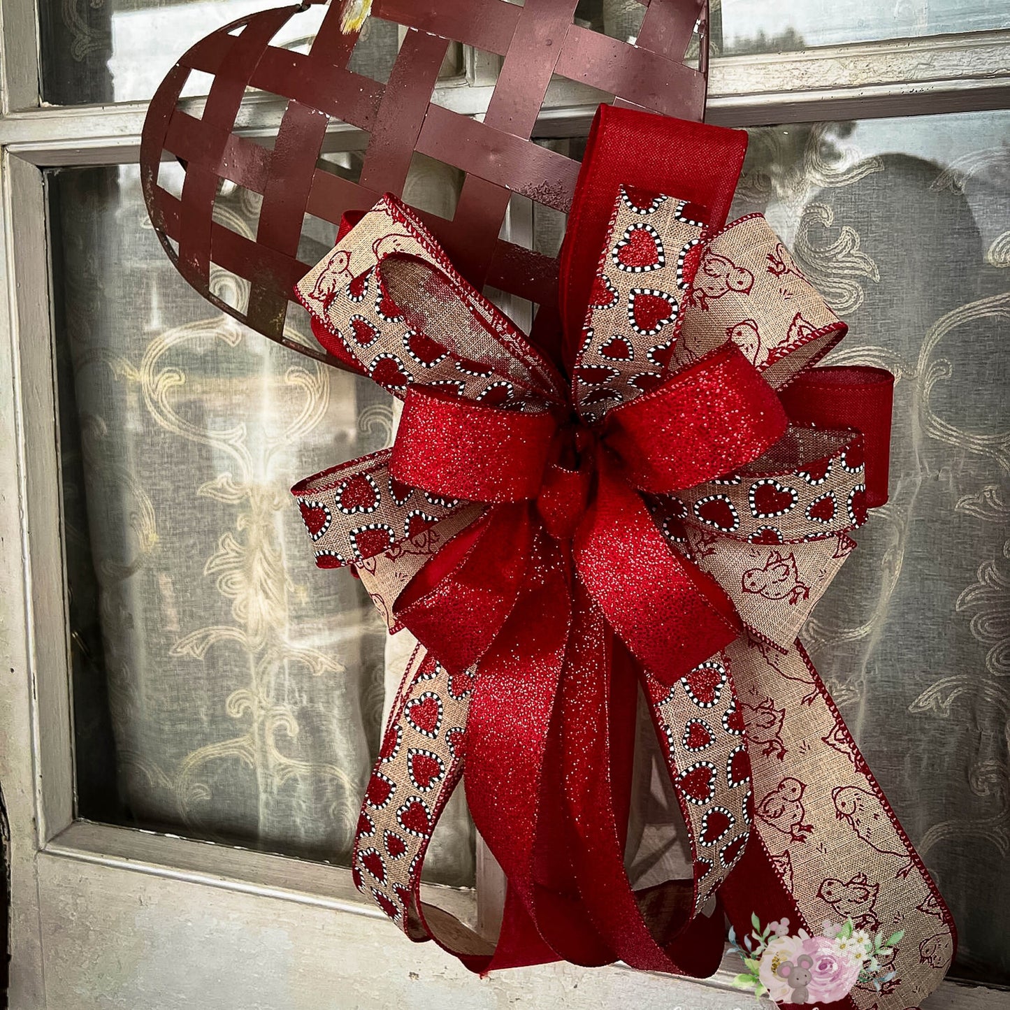 Valentines Bow | Farmhouse Valentines Chick Wreath Bow | Red Chick Print Bow | Lantern Bow