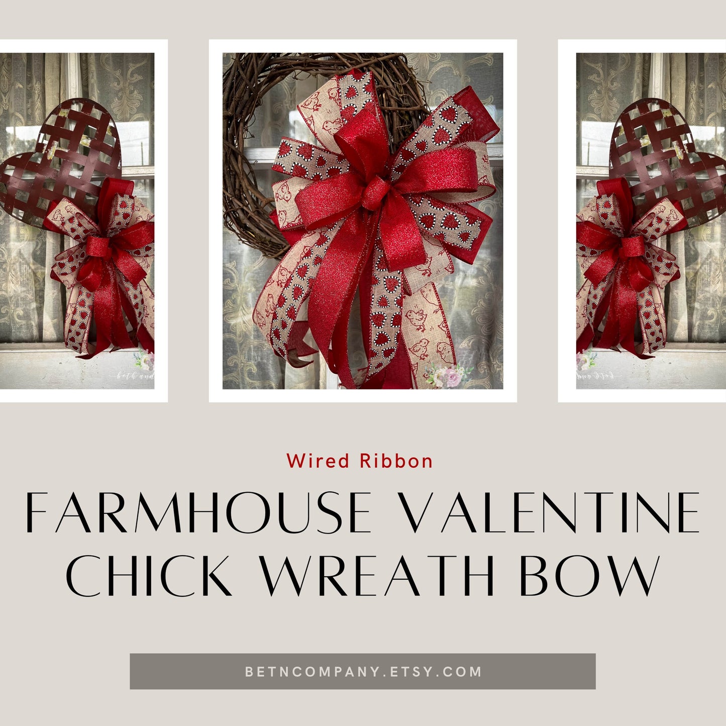 Valentines Bow | Farmhouse Valentines Chick Wreath Bow | Red Chick Print Bow | Lantern Bow