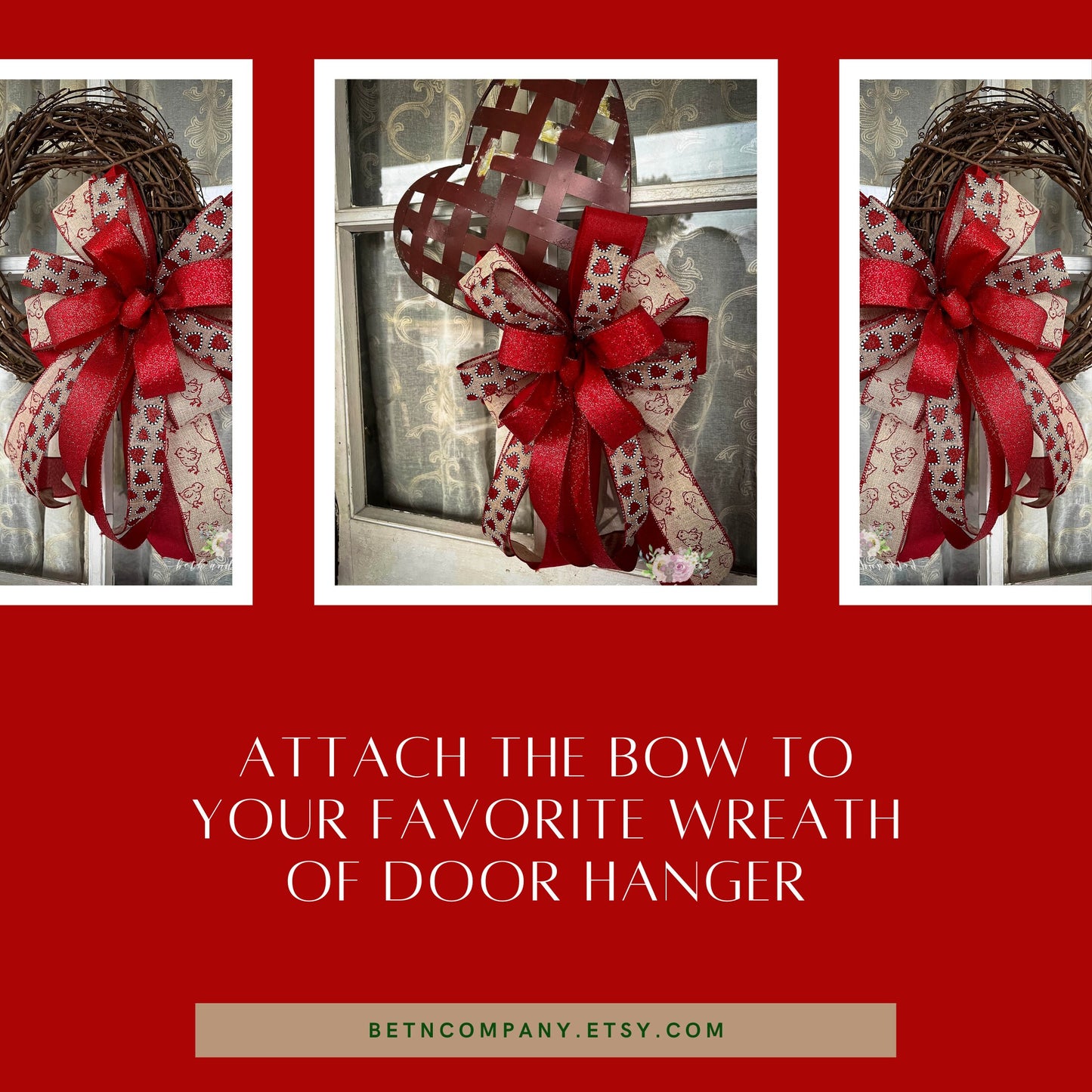 Valentines Bow | Farmhouse Valentines Chick Wreath Bow | Red Chick Print Bow | Lantern Bow