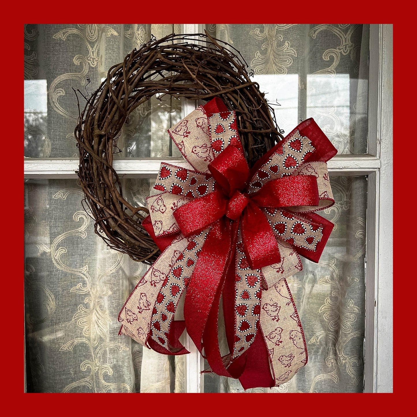 Valentines Bow | Farmhouse Valentines Chick Wreath Bow | Red Chick Print Bow | Lantern Bow