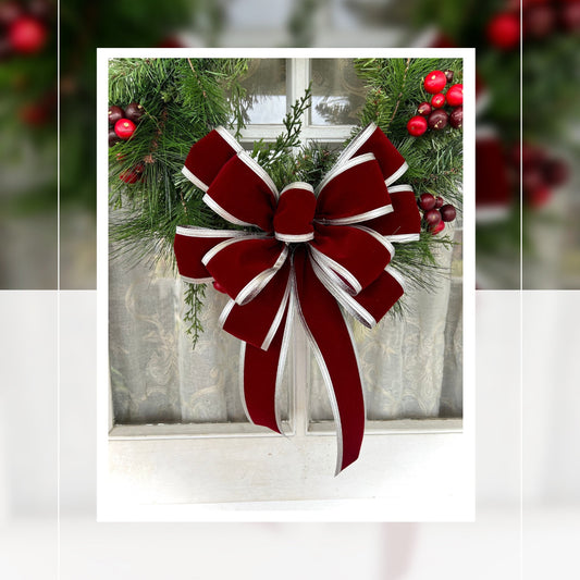 Christmas Bow Burgundy Velvet Bow with Silver Trim Elegant Christmas Bow