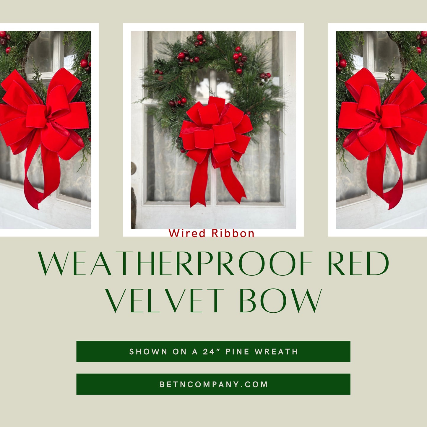 OUTDOOR Weatherproof Red Velvet Christmas Wreath Bow with Liner Christmas Bow 2.5" width wired red velvet