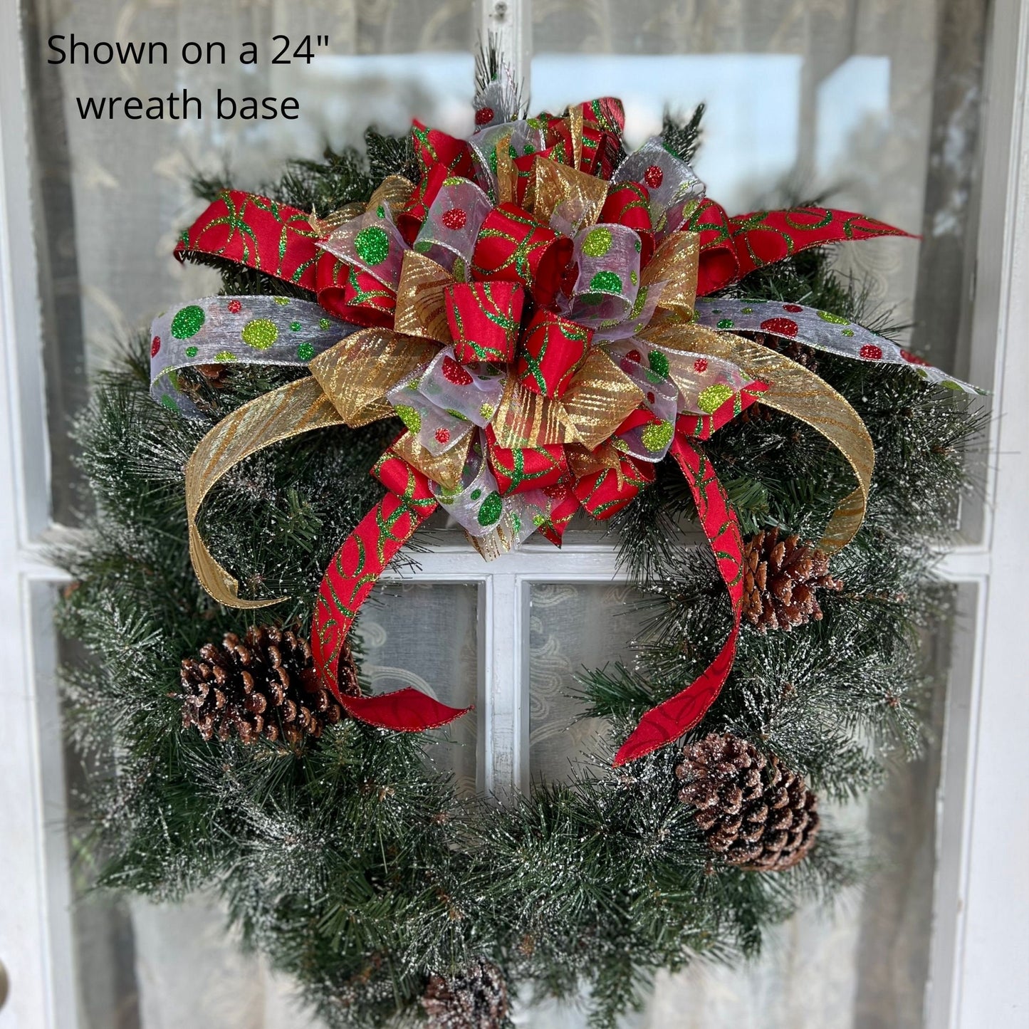 Funky Festive Red Green Gold and Silver Christmas Wreath Bow Christmas Wedding Bows Lots of Glitter