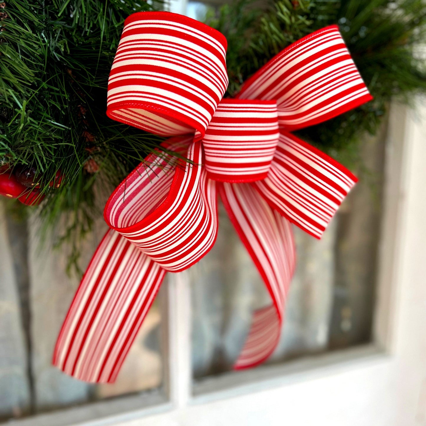 Red and White or Black and White Ticking Striped Bow Farmhouse Décor Matching Lantern Bow Gift for Mom
