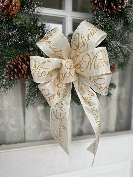 Christmas Bow Gold Glitter & Ivory Bow Merry Christmas Script Matching Lantern Bow Gift Basket Christmas Gift Bow