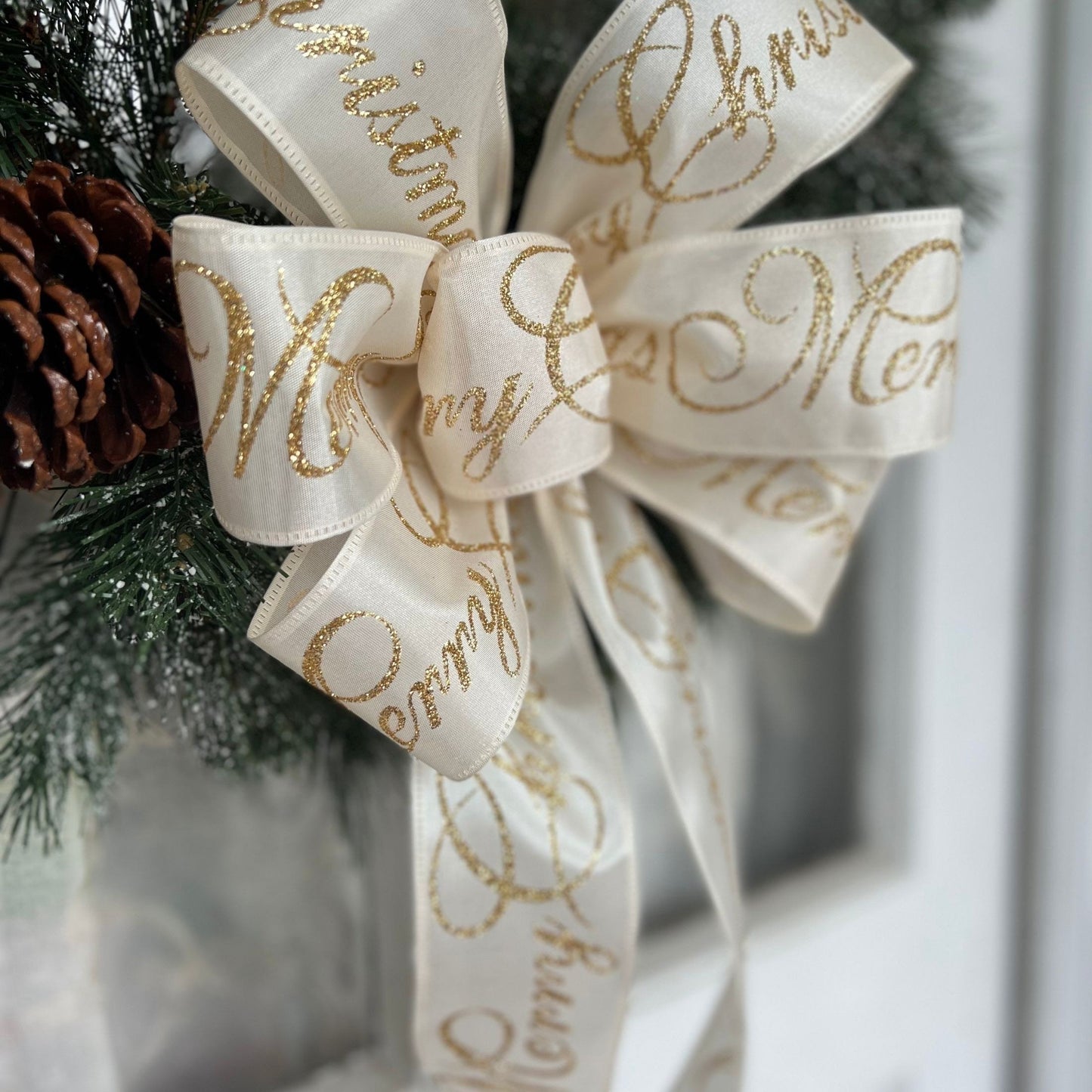 Christmas Bow Gold Glitter & Ivory Bow Merry Christmas Script Matching Lantern Bow Gift Basket Christmas Gift Bow