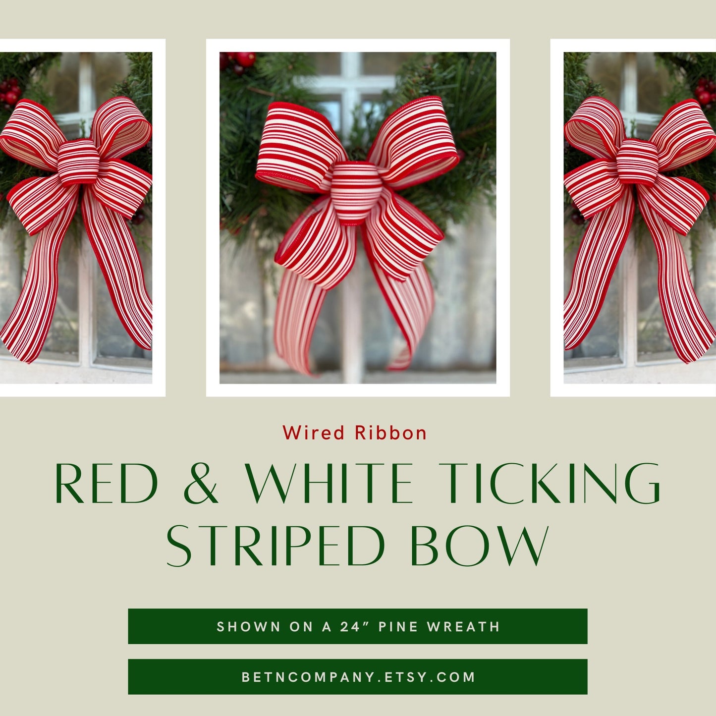 Red and White or Black and White Ticking Striped Bow Farmhouse Décor Matching Lantern Bow Gift for Mom