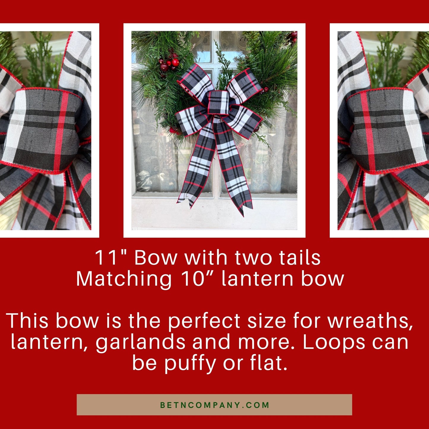 Christmas Bow Red Black & White Santa Bow Farmhouse Décor Matching Lantern Bow