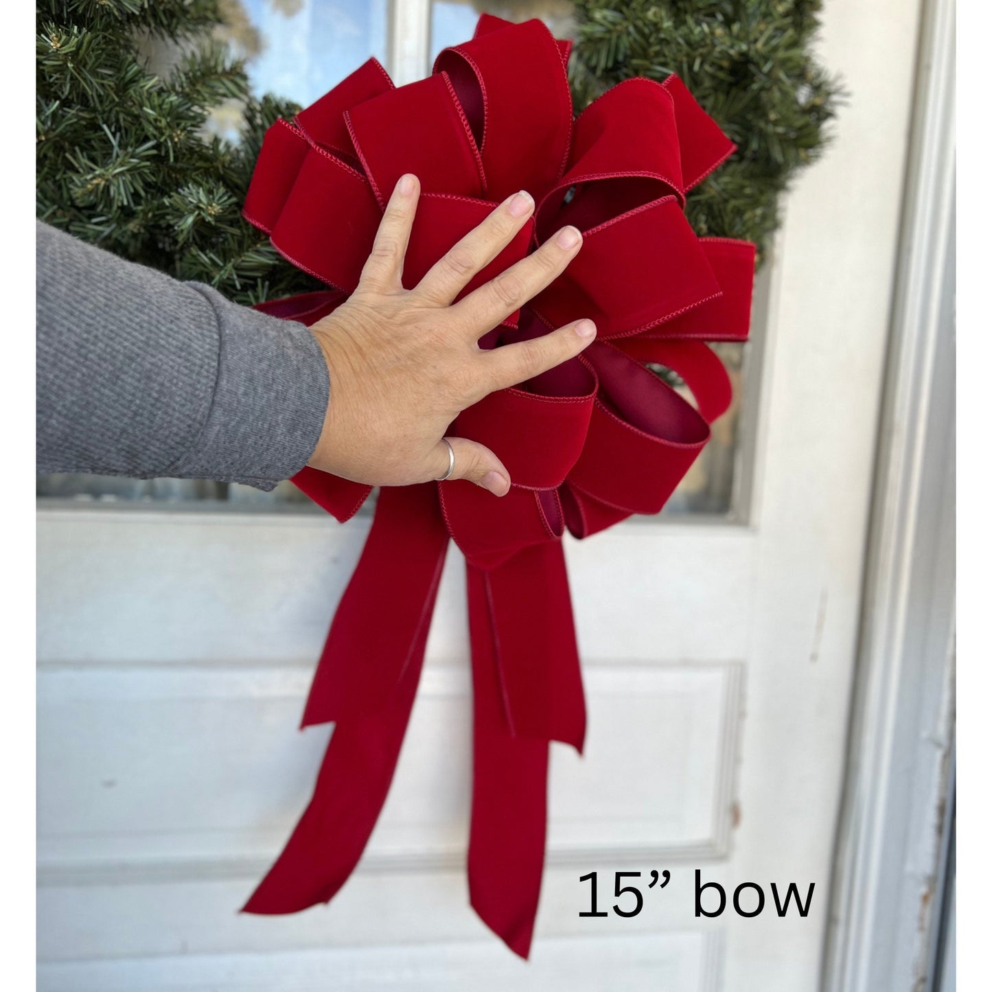 Christmas Bow OUTDOOR Scarlet Red Velvet Christmas wreath bow Weatherproof Christmas Bow 2.5" width wired ribbon Outside Christmas Bows