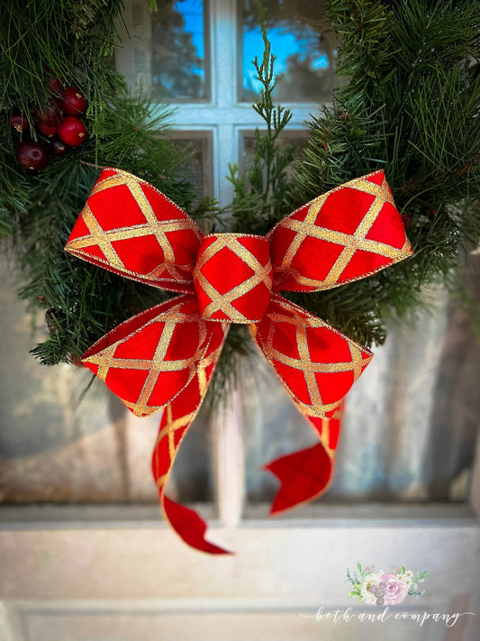 Christmas Bow Red and Gold Plush Velvet 11 Inch Bow Elegant Wreath Bow Christmas Front Door Decor