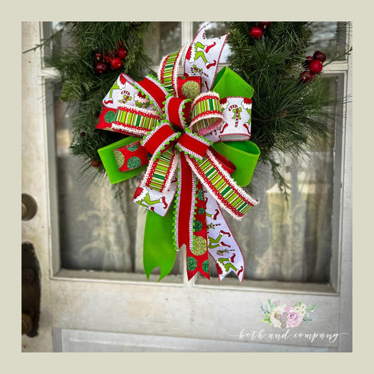 Green Monster Christmas Bow | Red Lime Green and White Bow