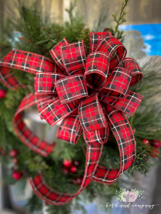 Christmas Bow Santa Theme Red Black White Plaid Wired Ribbon Red Christmas Wreath Bow