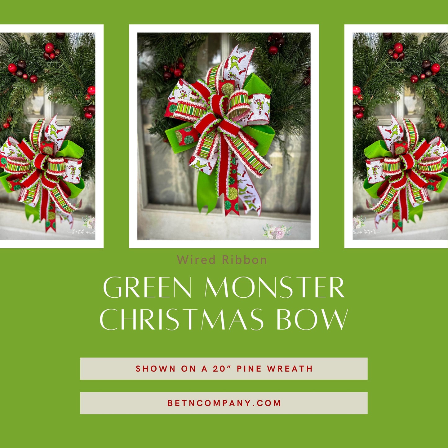 Green Monster Christmas Bow | Red Lime Green and White Bow