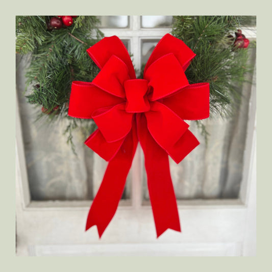 INDOOR/OUTDOOR | Low Profile Red Velvet Christmas wreath bow, Weatherproof Christmas Bow, 2.5" width wired red velvet Outside Christmas Bow