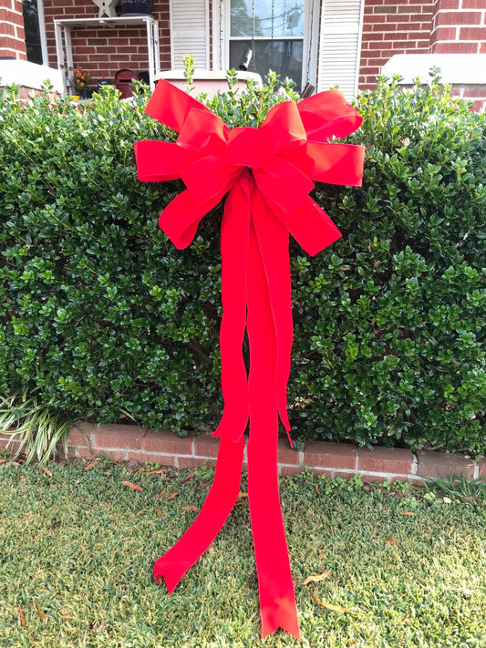Large OUTDOOR Red Velvet Christmas Wreath Bow for 5’-6’ Wreath 4” wide ribbon Red Outside Christmas Bow