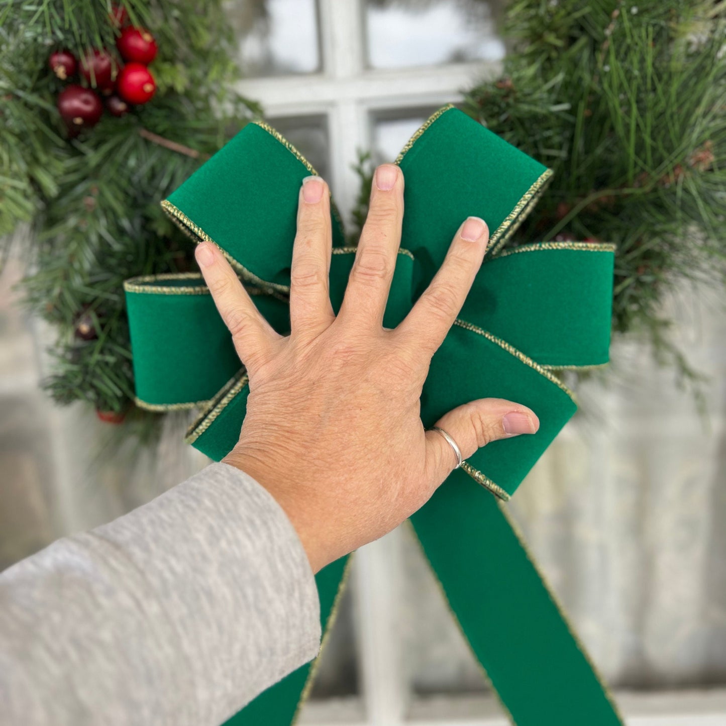 Christmas Bow Green OUTDOOR Velvet Bow with Gold Trim Christmas Bow for Front Door or Lantern