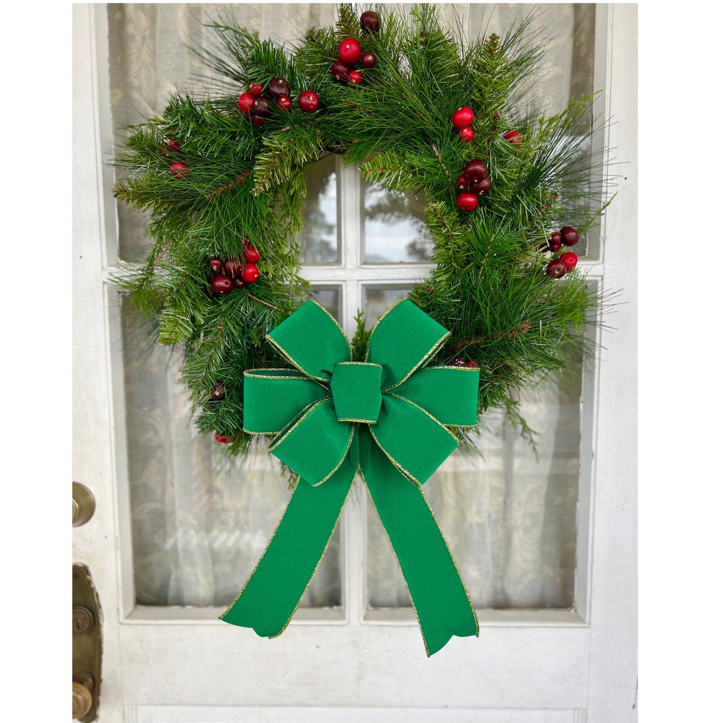 Christmas Bow Green OUTDOOR Velvet Bow with Gold Trim Christmas Bow for Front Door or Lantern