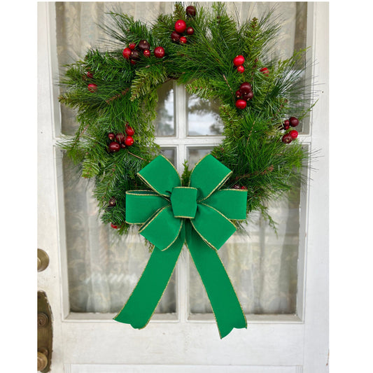 Christmas Bow Green OUTDOOR Velvet Bow with Gold Trim Christmas Bow for Front Door or Lantern