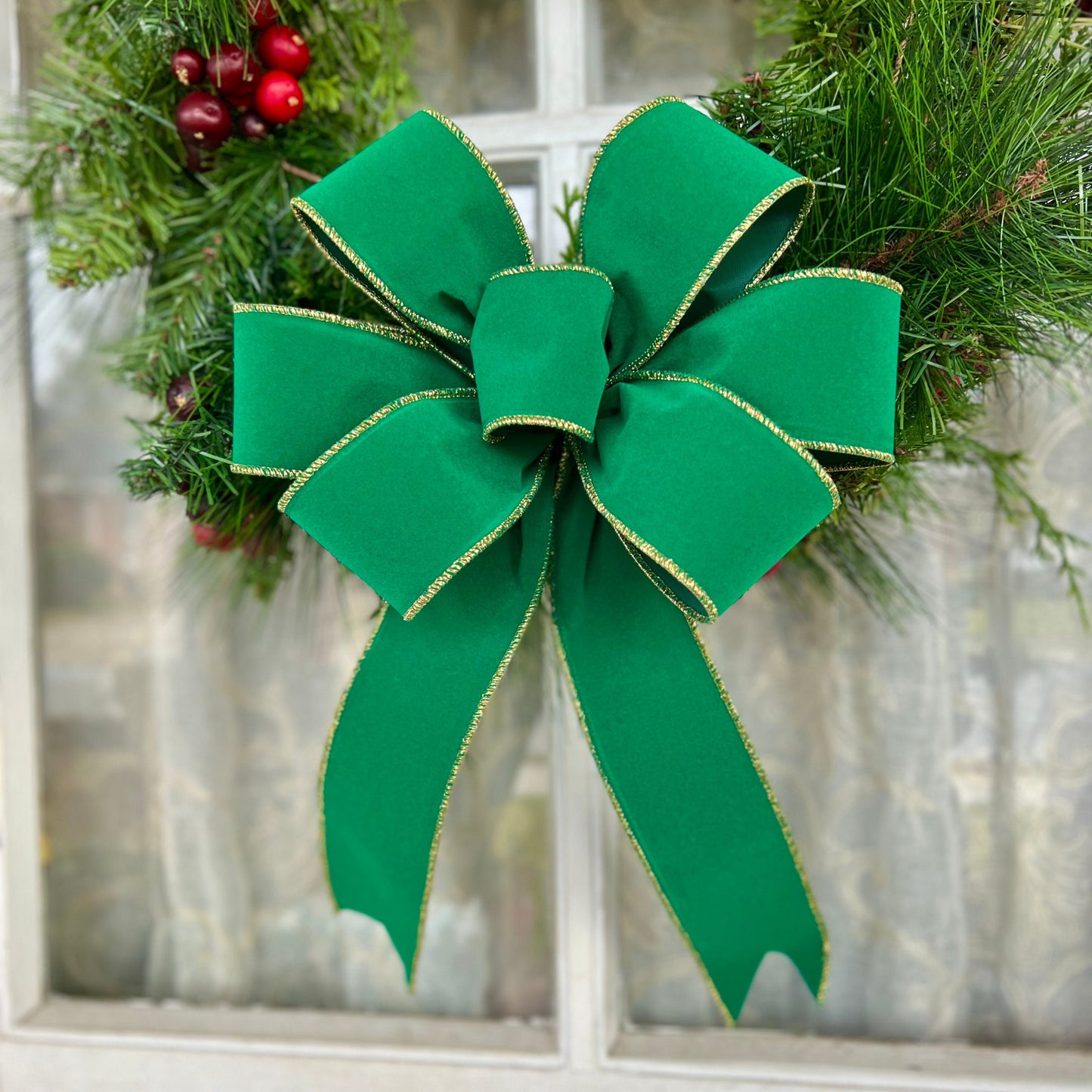 Christmas Bow Green OUTDOOR Velvet Bow with Gold Trim Christmas Bow for Front Door or Lantern