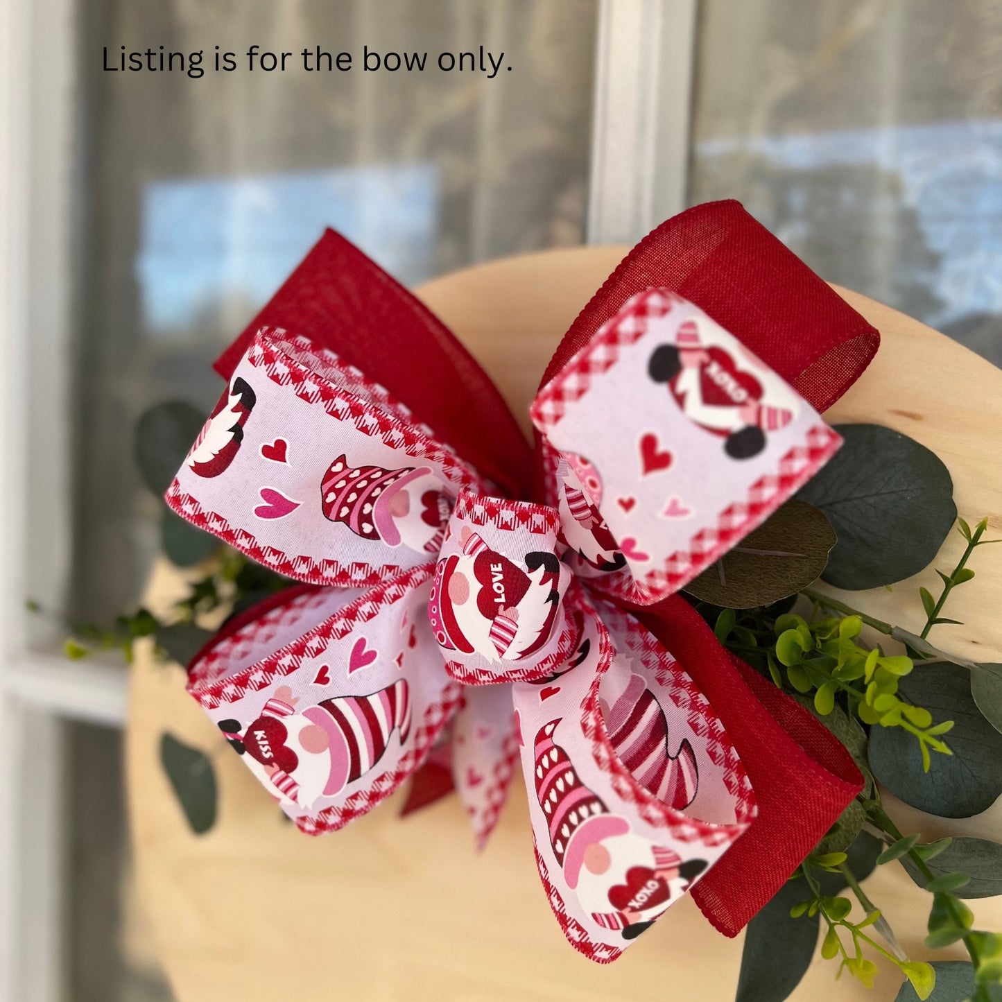 Valentine Bow Door Hanger Bow Red and White Gnome Bow 10 inch Double Bow Bow for Door Sign or Small Wreath