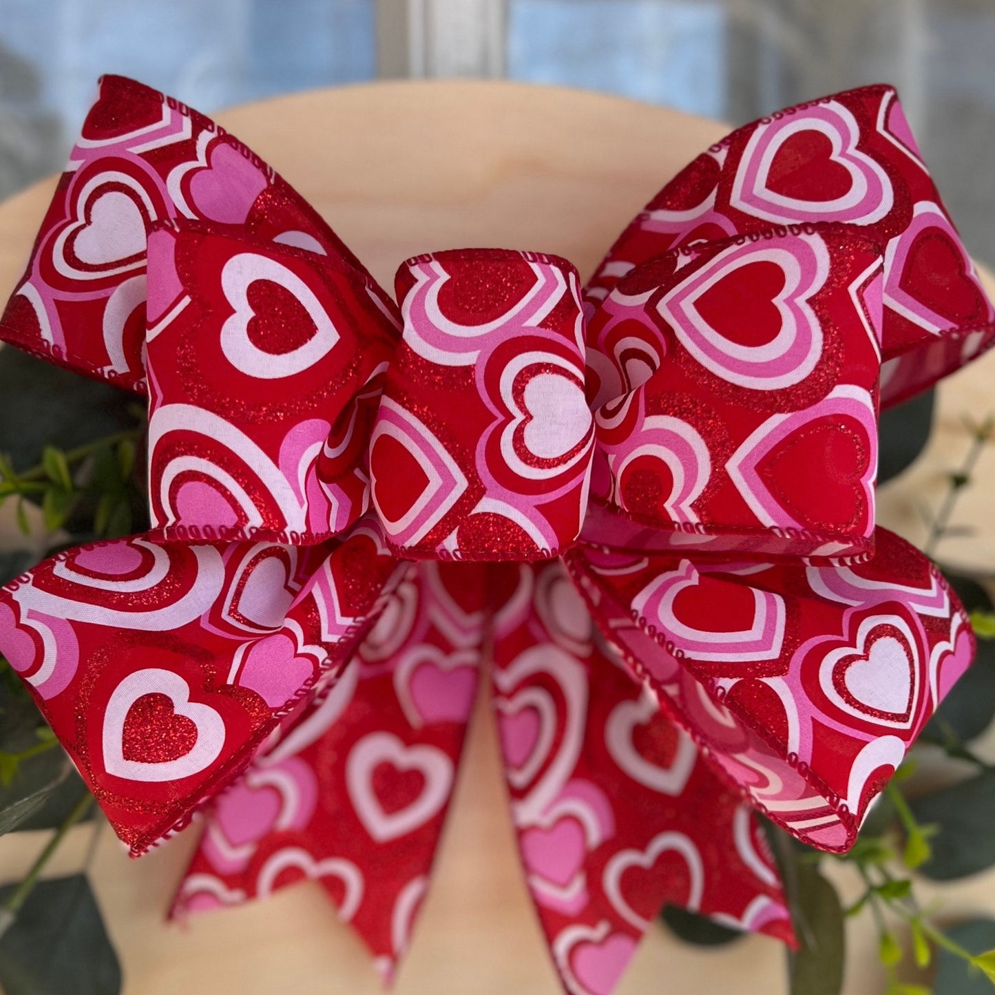 Valentine Bow Door Hanger Bow Red and White Gnome Bow 10 inch Double Bow for Door Sign or Small Wreath