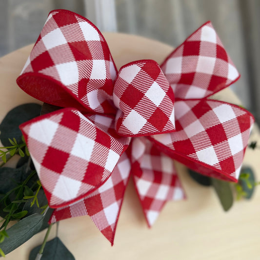 Christmas Bow Door Hanger Bow Red and White Diagonal Plaid 10 inch Bow Small Bow for Door Sign Lantern Bow