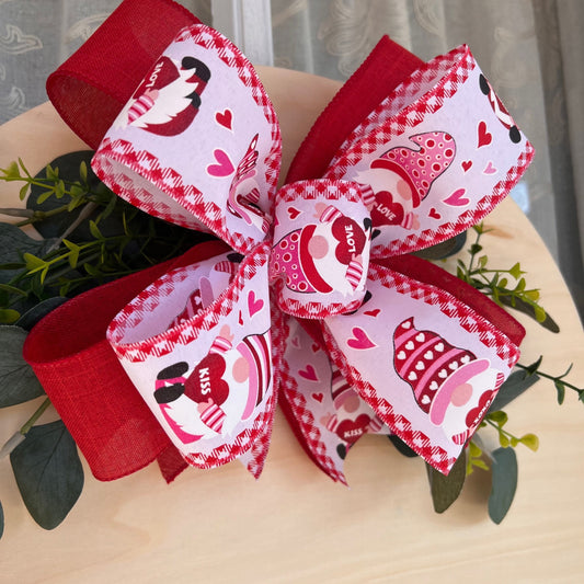 Valentine Bow Door Hanger Bow Red and White Gnome Bow 10 inch Double Bow Bow for Door Sign or Small Wreath