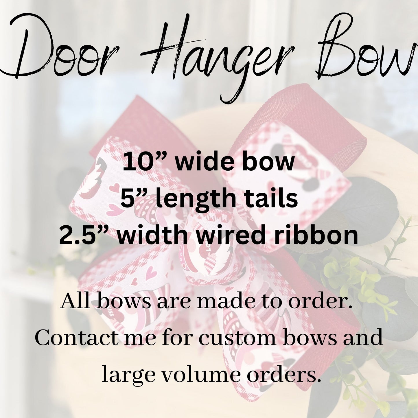Valentine Bow Door Hanger Bow Red and White Gnome Bow 10 inch Double Bow Bow for Door Sign or Small Wreath
