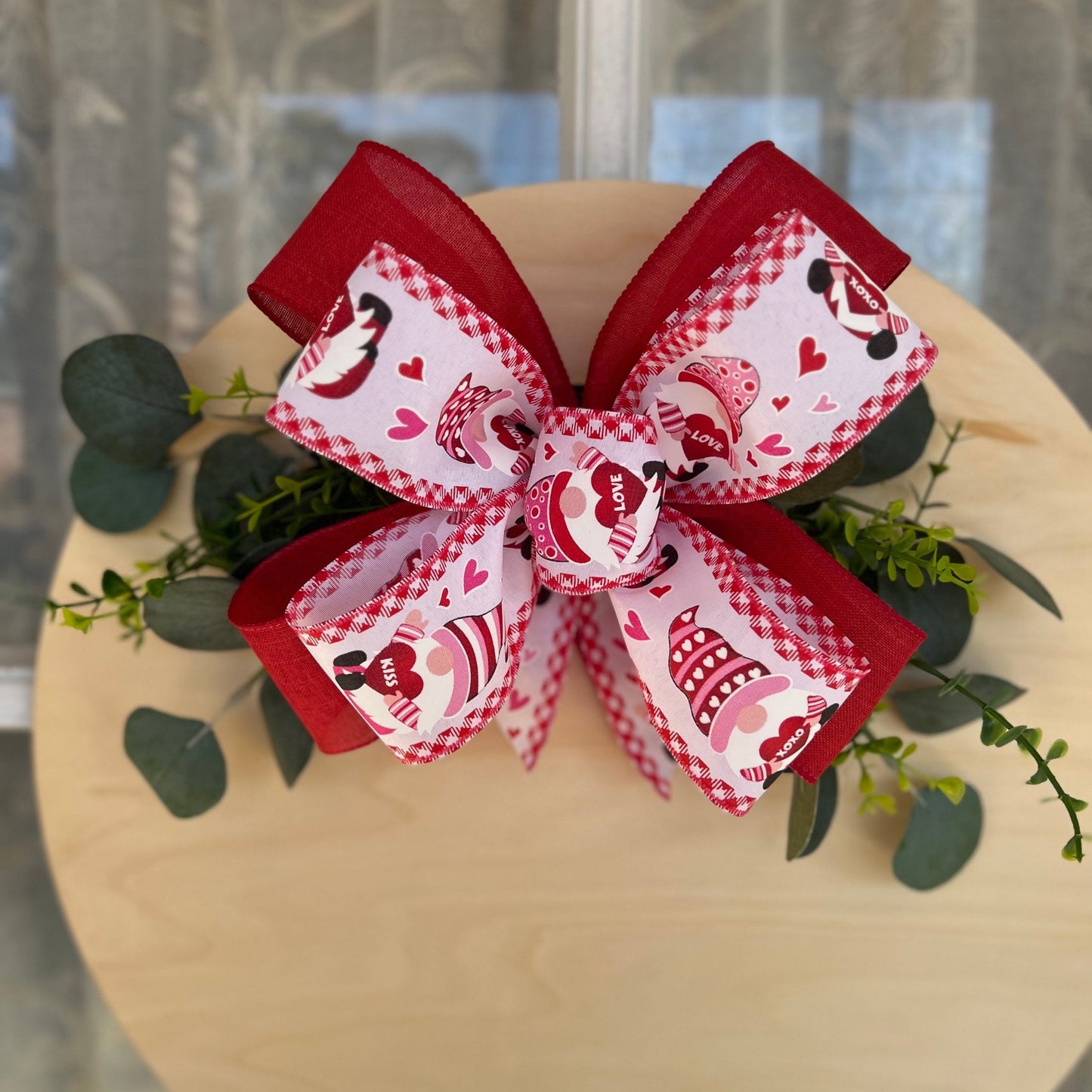 Valentine Bow Door Hanger Bow Red and White Gnome Bow 10 inch Double Bow Bow for Door Sign or Small Wreath