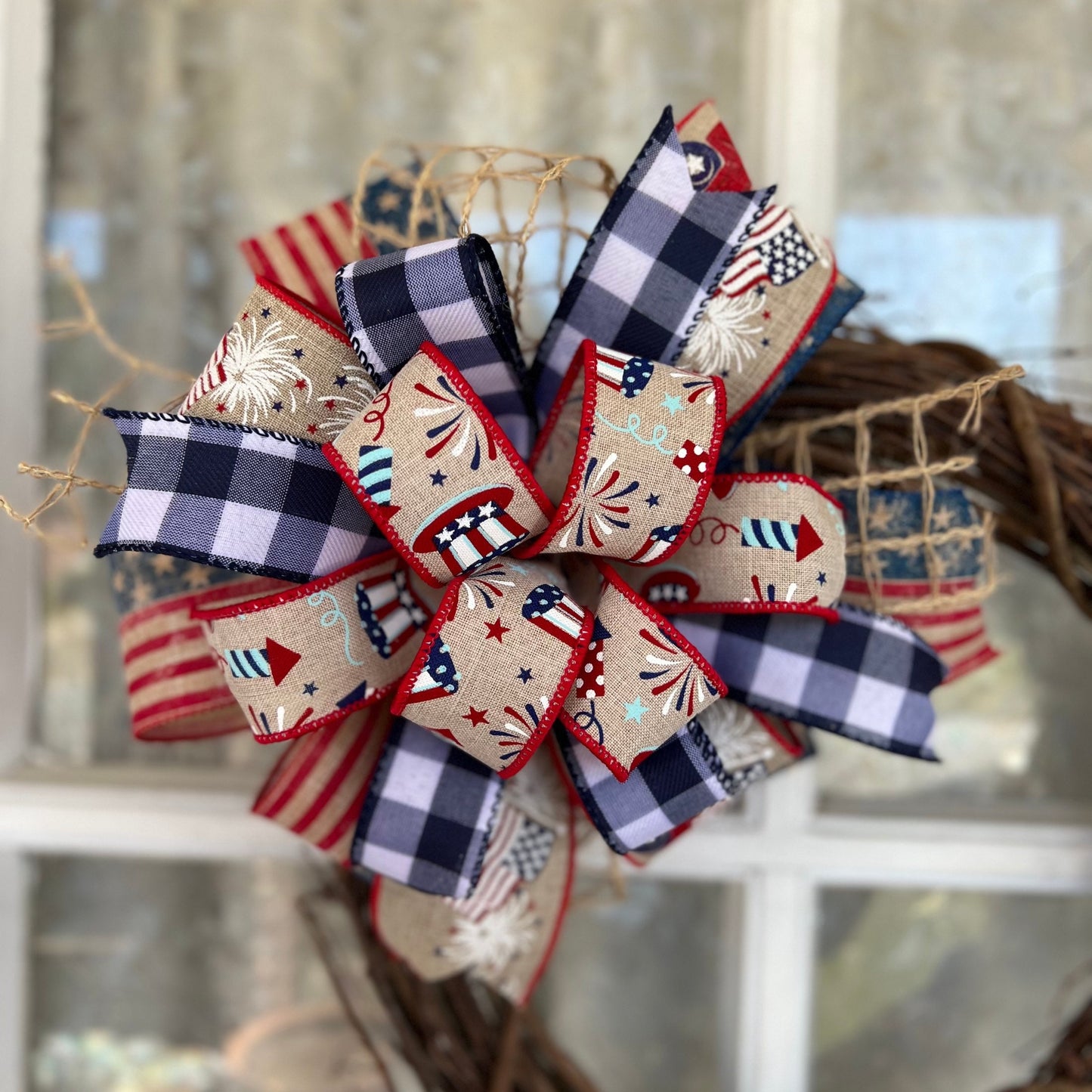 Round Patriotic Bow Stars and Stripes Wreath Bow Red White and Blue bow Fourth of July Decor Patriotic Decor Independence Day Decor Door Bow
